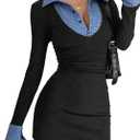 MakeMeChic Women's Spring Outfits Gingham Bodycon Mini Dress Long Sleeve Collared 2 in 1 Business Casual Dress (Black, M)
