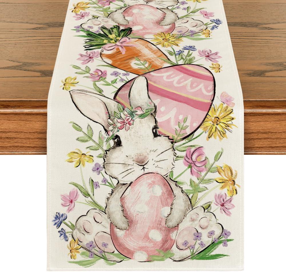 Artoid Mode Bunny Rabbit Egg Flower Easter Table Runner, Seasonal Spring Kitchen Dining Table Decoration for Home Party Decor 13x36 Inch (Beige)