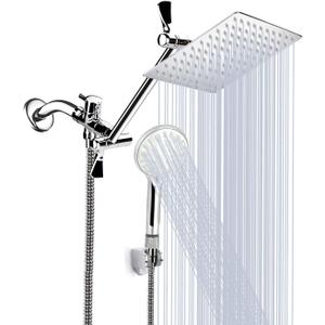 Shower Head, 8 Inch High Pressure Rainfall Shower Head/Handheld Shower Combo with 11 Inch Extension Arm, 9 Settings Adjustable Anti-leak Shower Head with Holder/Hose, Height/Angle Adjustable