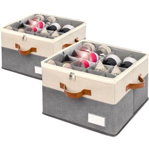 Shoe Organizer for Closet, Foldable Shoe Storage Bins with Clear Cover, Space Saving Shoes Holder with 4 Handles, Large Adjustable Shoe Box Storage Containers, Fits 8-16 Pairs, 2 Pack, Beige