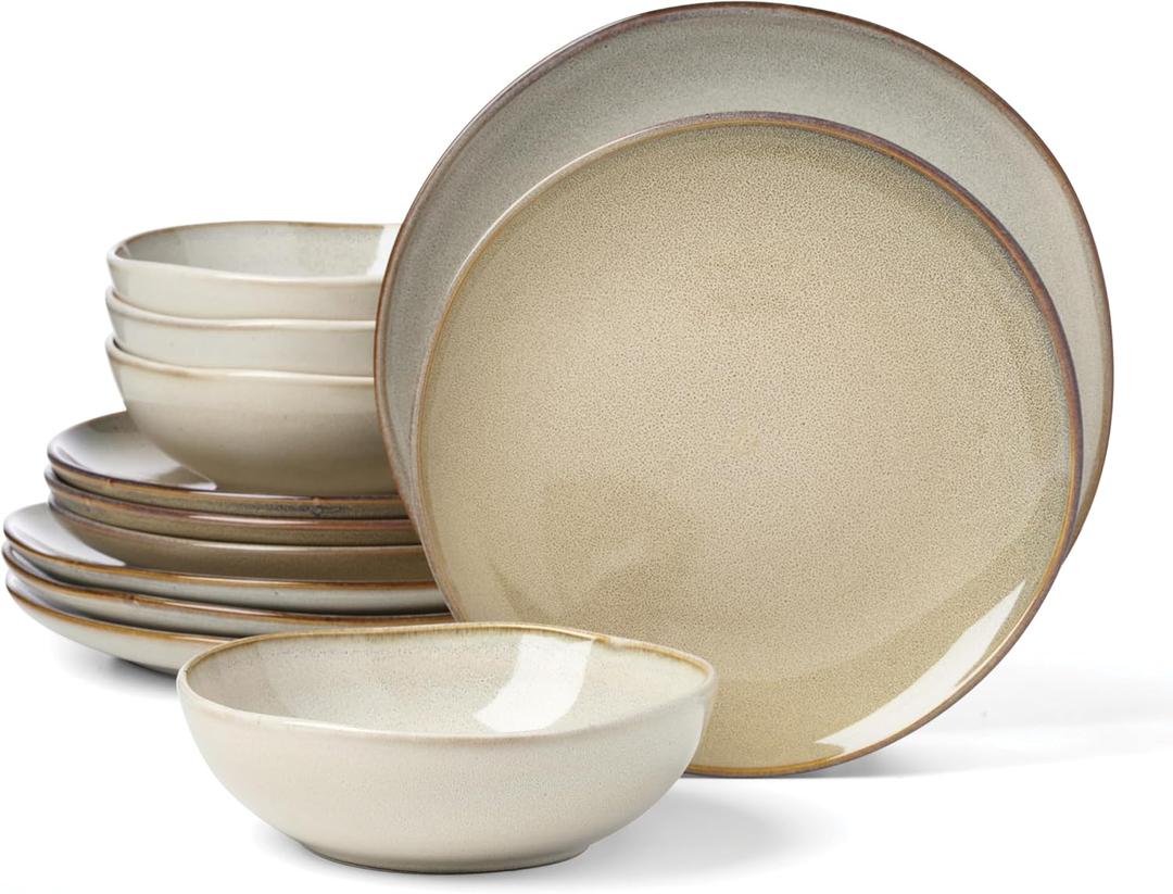 Oneida Organic Shades Oatmeal Stoneware 12-Piece Dinnerware Set for 4 | dishwasher safe | plates and bowls sets for kitchen and dining | 10.25 inch plate, dish set, dishes | 2 inch, 28oz