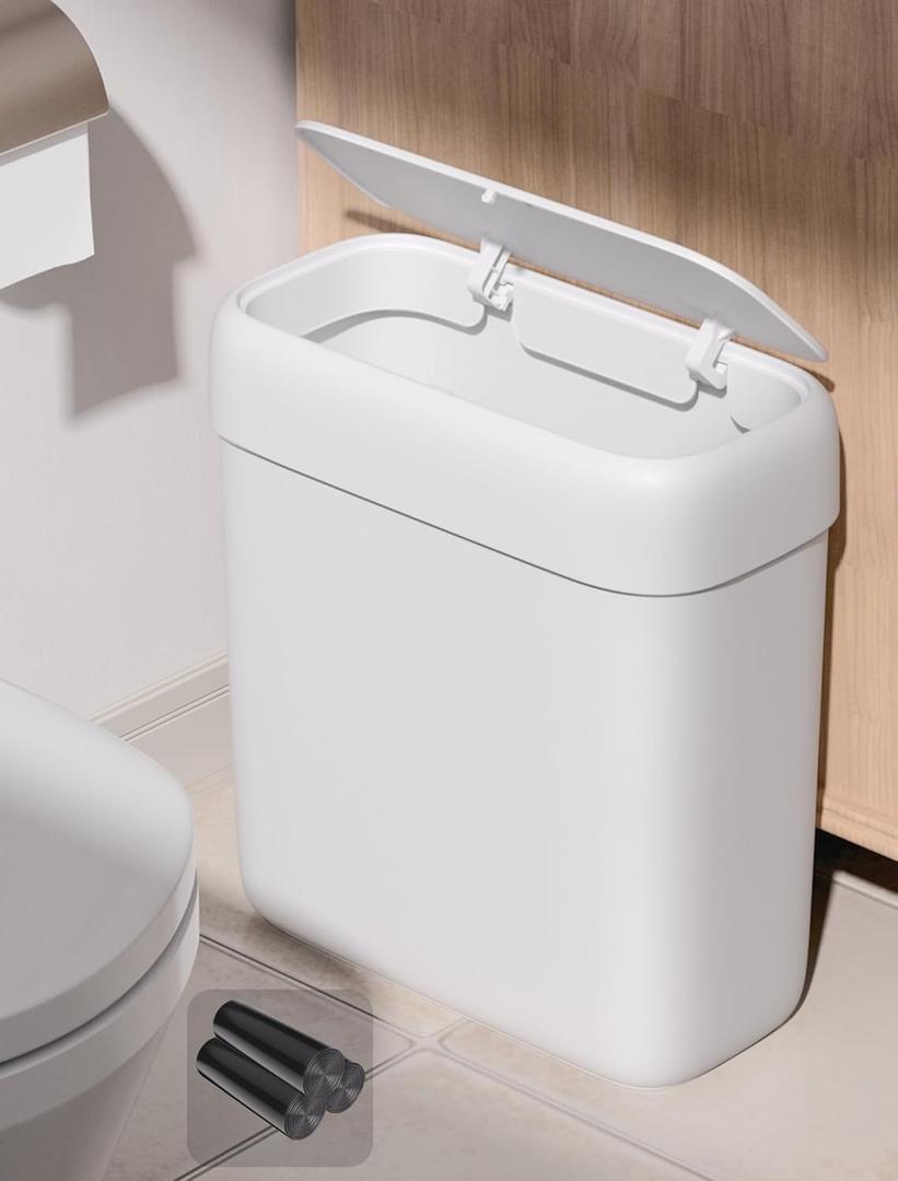 O-MART Small Slim Bathroom Trash Can with Lid, Press Top, Pet Proof Odor Seal, No Battery, Narrow Garbage Bin for Home Office RV, 2.8 Gallon,White,with 3 Rolls of Trash Bags.