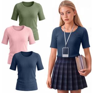 3 Pack Girls Ribbed T-Shirts | Short Sleeve, Crewneck, Slim Fit, Stretchy, Soft, Athletic, Basic Tees, Summer, Kids 5-14 Years