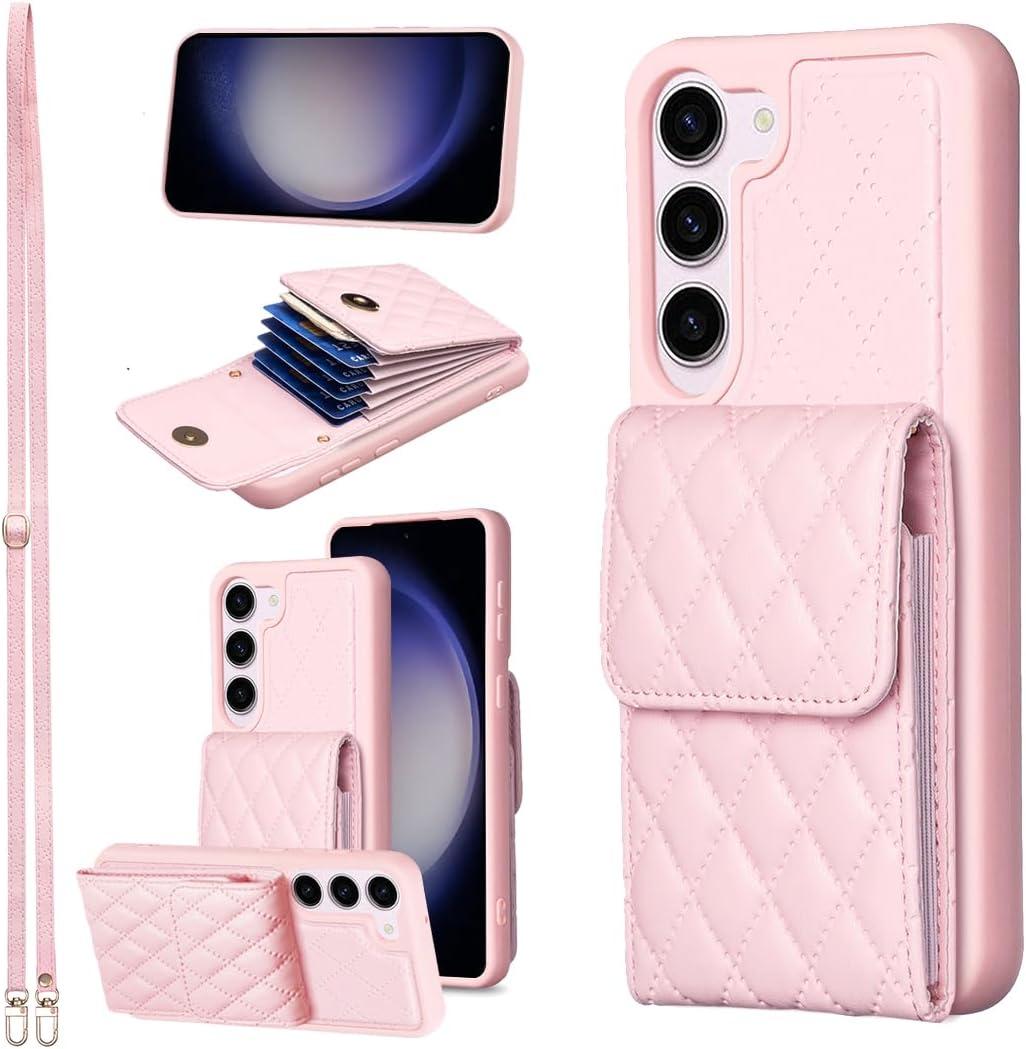 Wallet Case for Samsung Galaxy S23 5G with Long Crossbody Strap Card Holder Premium Grid PU Leather Magnetic Clasp Kickstand Shockproof Phone Cover for S 23 23S GS23 G5 SM-S911U 6.1 inch Pink