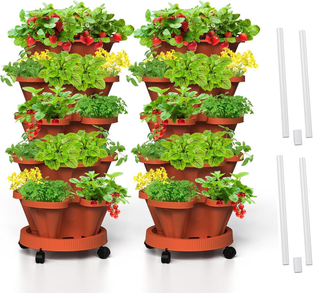Strawberry Vertical Planters 2 Pack, 5 Tiered Stacking Tower Garden with Support Pole, Stackable Herb Vegetable Planters Indoor Outdoor Terra Cotta
