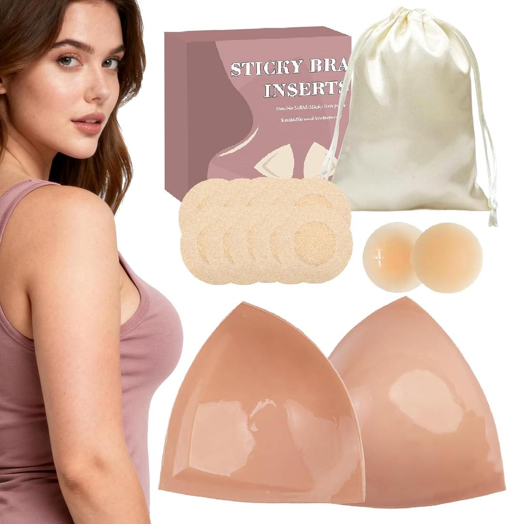Double-Sided Sticky Bra Pad Inserts, Lightly Padded & Reusable Adhesive Push Up Pads for Bikini and Swimsuit, Dark Beige, L