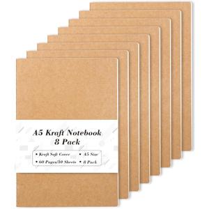 feela 8 Pack A5 Kraft Notebooks, 60 Lined Blank Pages Travel Journal Bulk, Soft Cover Notebooks for Women Girls Students, Making Plans Writing Memos Office School Supplies, 8.3 X 5.5 in