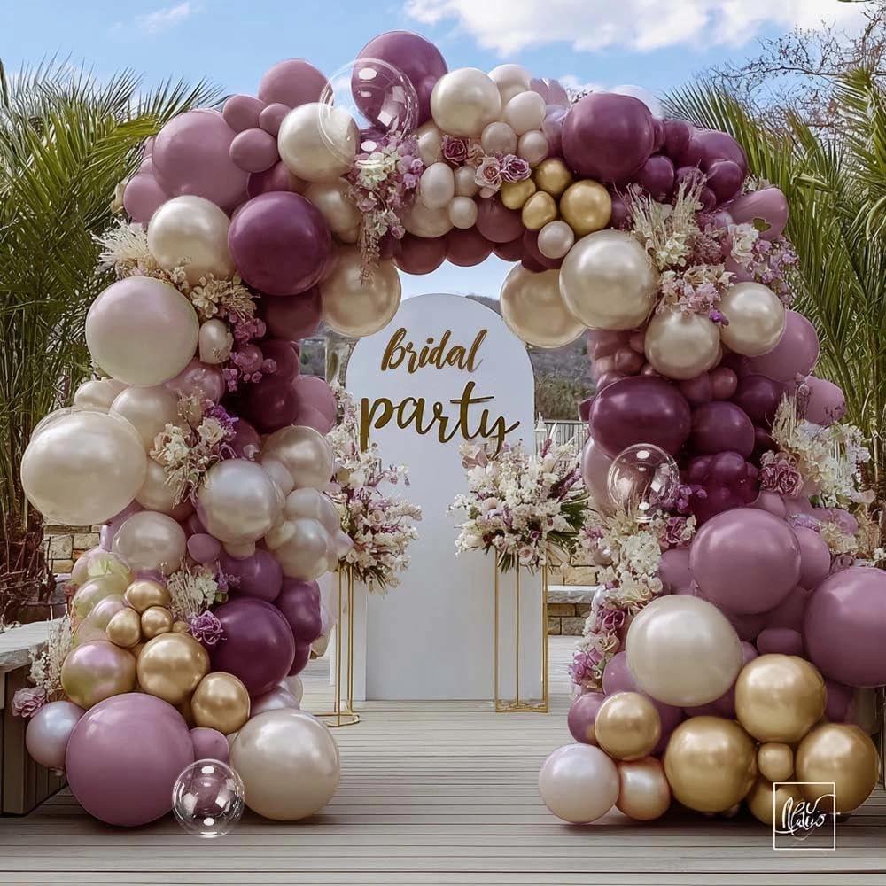 Dusty Purple Gold Balloon Arch Kit Double Stuffed Plum, Dark Lavender, Pearl White Sand Balloon Garland with Clear Bobo for Birthday Valentine's Day Baby Shower Wedding Anniversary Party Decoration