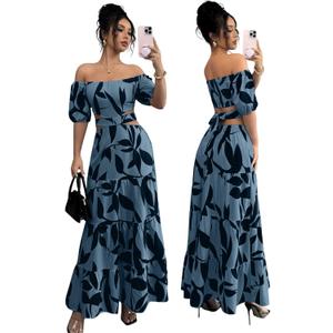 Women's Boho Off The Shoulder Short Sleeve Maxi Dresses Casual Summer Tiered Ruffle Swing Cut Out Flowy Dress, Size L