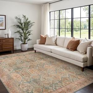 Bavni Washable Rug 8x10 Area Rug for Living Room Bedroom Dining, Washable Vintage Print Carpet, Ultra-Thin Chenille Low Pile Lightweight Rug with Non Slip Backing, Clay