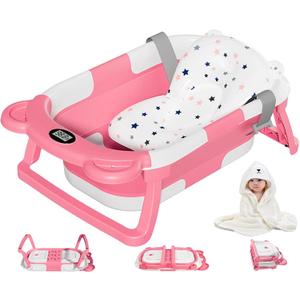 MoreFeel Collapsible Baby Bathtub for Newborn with Thermometer & 1 Hooded Towel & 1 Soft Floating Cushion,Portable Travel Bathtub with Drain Hole, Durable Foldable Baby Tubs for Infants to Toddler (Pink)