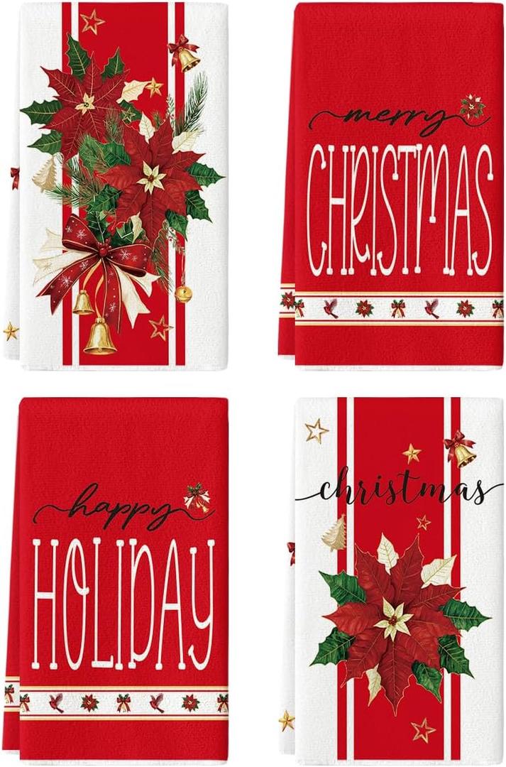 Artoid Mode Red Robin Poinsettia Bell Christmas Kitchen Towels Dish Towels, 18x26 Inch Farmhouse Holiday Winter Decoration Cleaning Set of 4