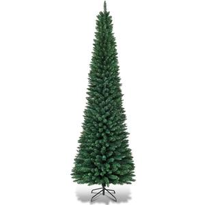 Goplus 7FT Pencil Christmas Tree, Artificial Slim Christmas Tree, 700 Branch Tips, Premium PVC Needles, with Sturdy Metal Stand, Unlit Christmas Tree for Home, Office, Shops, and Hotels (Green)