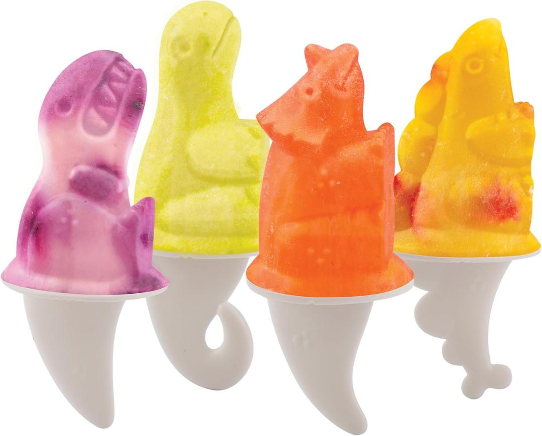 Tovolo Dino Ice Pop Molds Set of 4 Silicone Popsicle Molds with Sticks for Kids, Dishwasher Safe Dinosaur Popsicle Molds for Frozen Treats Snacks, BPA Free Silicone Dino Ice Pop Maker