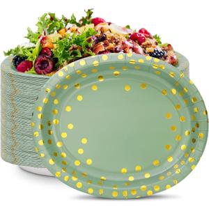 30Pcs Sage Green Paper Plates 10" X 12" Oval Sage Green Party Plates Large Disposable Green Gold Dinnerware for Holiday Birthday Wedding Baby Shower Engagement