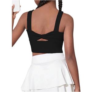 WDIRARA Girl's Twist Back Sports Bras Backless Tank Top Workout Sports Shirts for Gym (Black Plain)