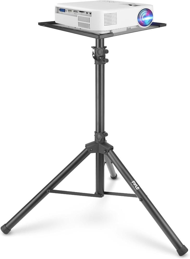 Pyle Universal Projector Stand | Height & Angle Adjustable Tripod 42" to 55" | Platform is 13.5" by 12.5" Fits Laptops, Computers, DJ Equipment & Projectors | Perfect for Stages & Offices | Black
