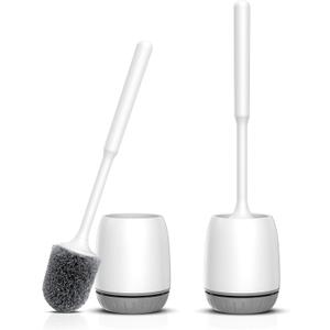 Toilet Brush, 2 Pack Toilet Bowl Brush and Holder Set Ergonomic Long Handle Toilet Scrubber with Ventilated Base for Quick Drying, for Bathroom Cleaning, White & Gray