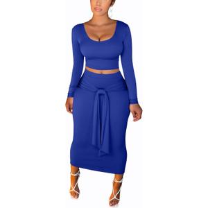 FANDEE Skirt Sets Women 2 Piece Outfits Plus Size Midi Dresses For Curvy Women, Long Sleeves Top & Bodycon Skirts Casual Fall (Medium, Solid Blue)