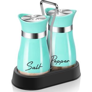 Teal Salt and Pepper Shakers Set with Holder,4 oz Turquoise Kitchen Decor and Accessories Farmhouse Gadgets Table Housewarming Gift Christmas Decor Refillable Design (Teal)