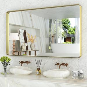 WEER Gold Bathroom Mirror, 55X30 Inch Brushed Gold Metal Frame Mirror, Rounded Rectangle Gold Bathroom Vanity Mirror for Wall, Tempered Glass, Anti-Rust, Hangs Horizontally or Vertically (55"L x 30"W)