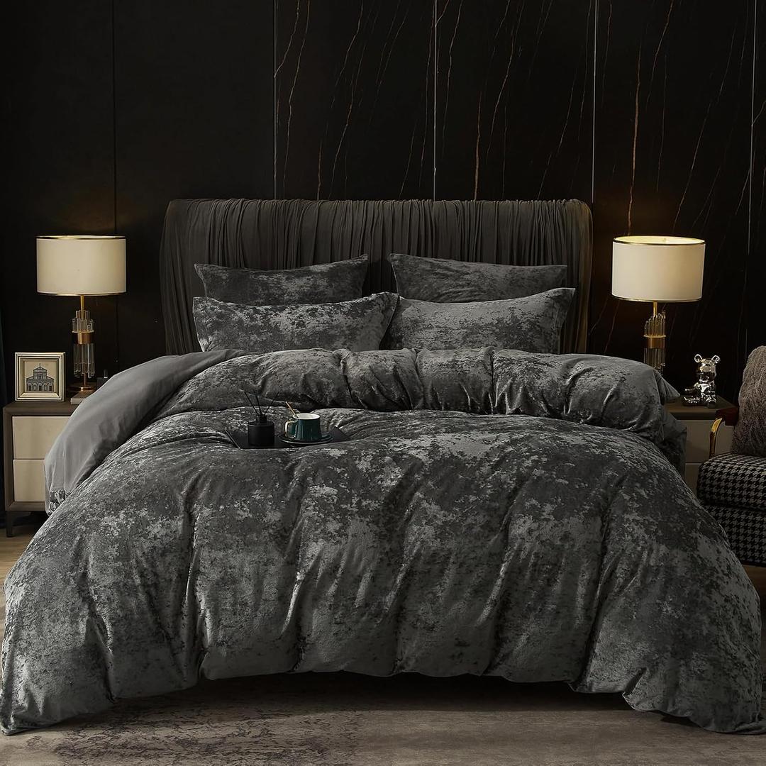 Velvet Duvet Cover Set King Size, 3pcs Ultra Soft Breathable Comforter Cover Set, Luxury Cozy Flannel Duvet Cover with Pillow Shams Bedding Collection, 104" x 90", Dark Gray