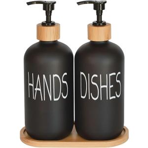 Glass Soap Dispenser Set. Hand and Dish with Bamboo Tray. Vintage Pump for Kitchen Drain Outlet Bathroom. Stylish Permanent Labels (Matte Black)