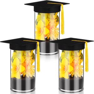FoldTier 38 Pcs 2026 Graduation Table Centerpieces Set, DIY Grad Party Decorations with Mason Jar Style Vases, Felt Caps, Artificial Flowers, Eucalyptus Sprigs, Class of 2026 Table Decor Gifts(Yellow)