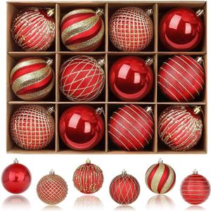 SHareconn 80mm Christmas Balls Ornaments,12PCS Colored Shatterproof Plastic Decorative Hanging Tree Decorations Baubles Set for Xmas Tree Decor Holiday Party Wedding Decoration with Lanyard,Red & Gold (8CM)