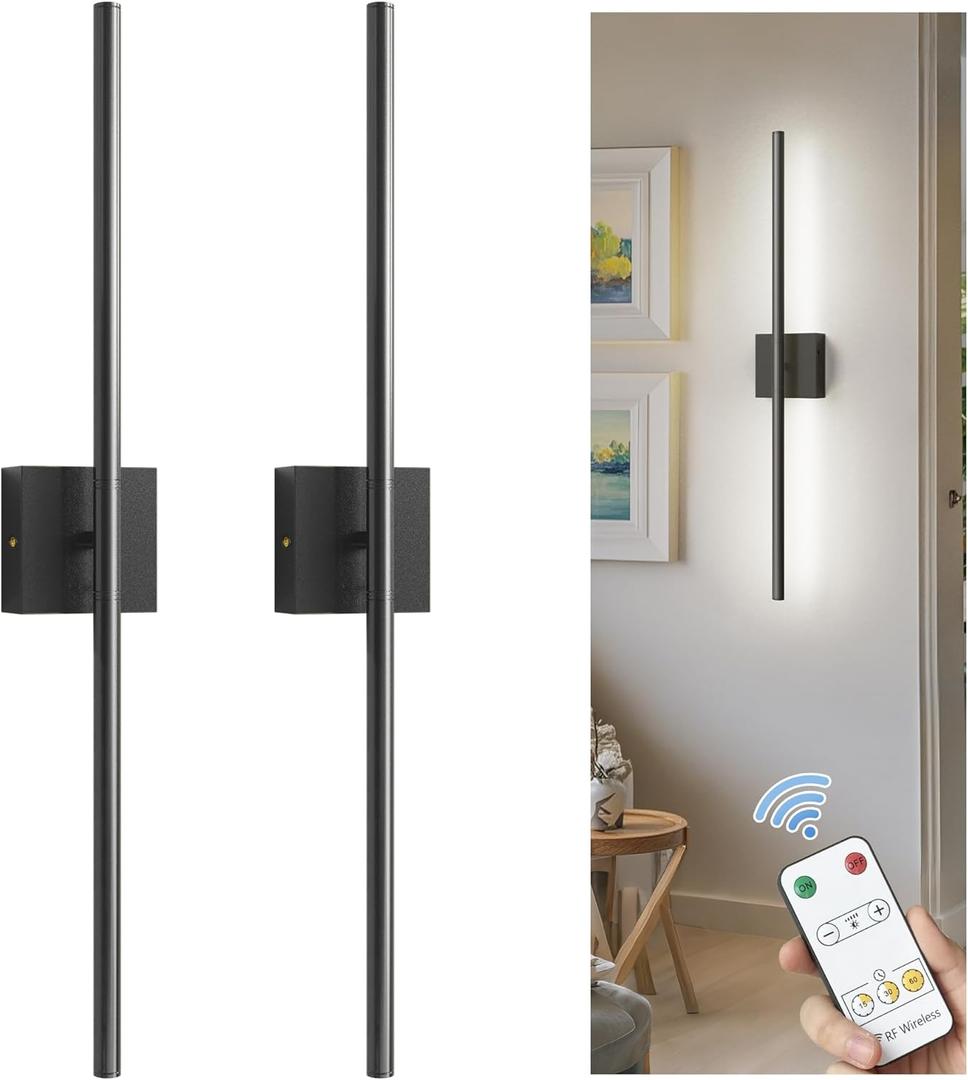 L LOHAS LED Battery Operated Wall Sconces Set of 2, Battery Wall Sconce 10000mAh, Black Rechargeable Sconces 6000K, 28.3 Inch Wireless Wall Lights, Sconce Wall Decor for Bedroom, Living Room
