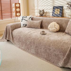 ROOMLIFE Boho Khaki Couch Cover for Dogs, Washable Non Slip Furniture Protector Couch Sofa Covers for 3 Cushion Couch, Soft Chenille Sofa Slipcovers Couch Cover Throw Blanket with Tassels 71''X118''