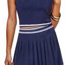 Arach&Cloz Womens 2 Piece Skirt Sets 2025 Fashion Summer Knit Striped Tank Tops Mini Pleated Skirts Outfits (Large, Navy and White)