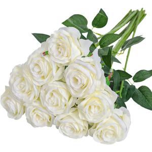 Nubry Artificial Silk Rose Flower Bouquet Lifelike Fake Rose for Wedding Home Party Decoration Event Gift 10pcs (Off White)