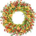 26" Floral Wreath, Artificial Spring Wreaths for Front Door, with Wildflower Portulaca Flowers, Indoor Outdoor Porch Window Wall Home Decor for Valentines Day Easter, Summer & Wedding Orange