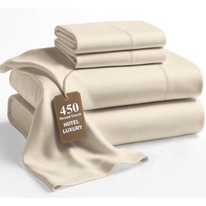 LANE LINEN King Size Bed Sheet Set 450 Thread Count Long-Staple 100% Cotton Sheet Set King Size, Hotel Premium Soft Silky Sateen Finish, Durable Bedding Set, Elasticised 15" Deep Pocket Ivory