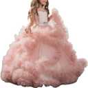 Stunning V-Back Luxury Pageant Tulle Ball Gowns for Girls, Pink,Size 4