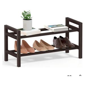 Haddockway Bamboo Shoe Rack for Closet, Free Standing Shoe Organizer with Smooth Round Rods & Convenient Handles, Stackable Shoe Storage Shelf for Entryway, Hallway(Brown, 2-Tier(Small))