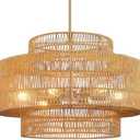 PENACINY 23.6” Boho Rattan Chandeliers Light Fixture, 6-Light Hand Woven Farmhouse Rustic Chandelier Hanging Light for Dining Rooom, Kitchen, Living Room, Foyer