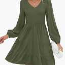 ZESICA Women's Casual V Neck Long Sleeve Smocked High Waist Ruffle A Line Tiered Mini Dress M