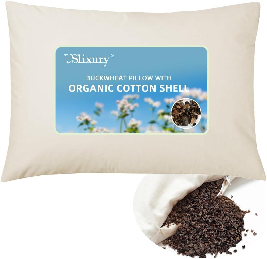 USlixury Buckwheat Pillow 20"X26" - Adjustable Height and Firmness, Buckwheat Pillow with Organic Cotton Shell, Firm Neck Support for Back/Side/Stomach Sleepers, Cool Sleep, White