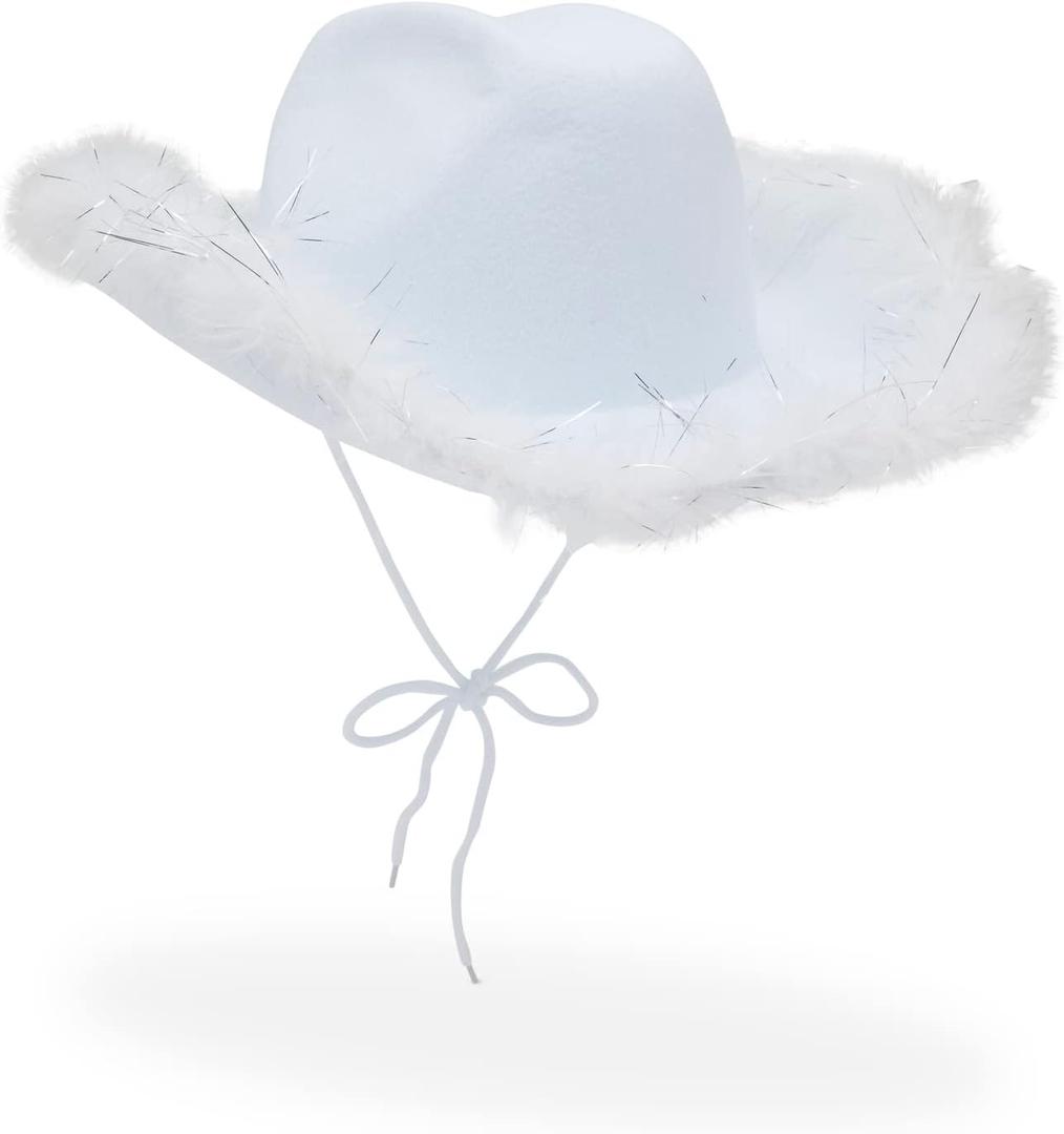 Zodaca White Cowboy Hat for Men and Women with Feathers, Western Felt Fluffy Cowgirl Hat for Costume, Dress Up Birthday, Bachelorette, and Bachelor Party Accessories