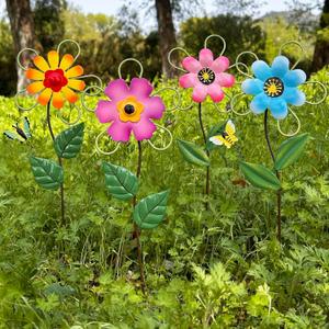 Metal Flowers for Outside, 15.85" 4-Pack Decorative Garden Stakes for Spring Garden Decor, Shaking Head Yard Art Decorations for Patio Porch Lawn Ornaments (Blue, pink, yellow&purple)