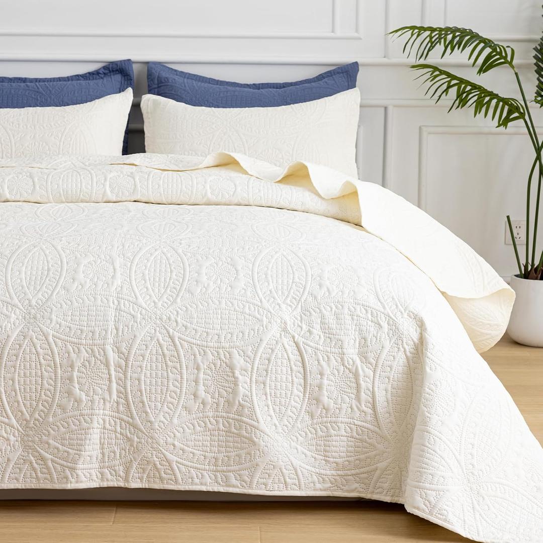 SheRest Twin Quilt Bedding Set - Soft Breathable Bed Quilt, Modern Style Embossed Bedspreads, Lightweight Microfiber Reversible Coverlet for All Seasons, Cream, 1 Quilt&1 Pillow Sham (Twin (68" x 90"))
