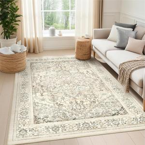 5x7 Area Rugs,Ultra-Thin Washable Rugs for Living Room,Anti Slip Backing Area Rug, Super-Soft Floral Vintage Home Decor Rug (Beige/Ivory,5'x7')