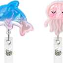 2 PCS Badge Reels Retractable Badge Holder Clip, Ocean Series Jellyfish and Dolphins Nurse Name Badge Reel Retractable 360Rotation ID Name Tag Card Badge Holder for Nurses Doctor