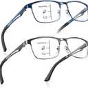 SKYFUEN Unbreakable Progressive Reading Glasses Men Multifocus Metal Full Frame, Blue Light Blocking/UV400 Protection Computer Readers with Durable Flexible Spring Hinges, Gunmetal+Blue, 1.50x