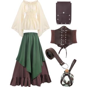 Hillban Women Medieval Renaissance Dress Costume Halloween Blouse Top Skirt Pouch Bottle Corset Belt (Large, Green)