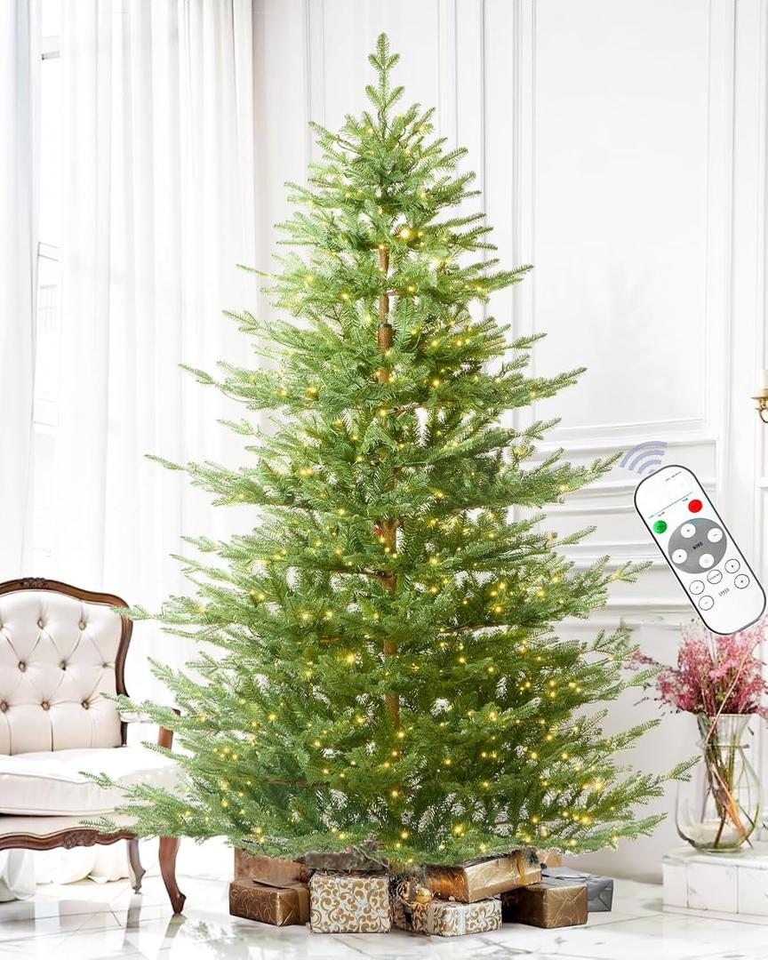 7FT Pre-lit Christmas Tree Fir with Remote Control, 650 Warm White Multi-Color Lights, Hinged/Feel Real/Realistic for Home, Holiday Decoration Dual Color LED Artificial Xmas Tree 7 Feet