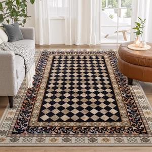Wonnitar Washable Checkered 5x7 Area Rugs for Bedroom, Non Slip Black and Brown Funky Area Rugs for Living Room, Soft Stain Resistant Trellis Floor Carpet for Dining Room Dorm Home Decor(Black,5x7)