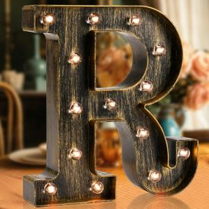 OYCBUZO Golden Black Led Marquee Letter - Industrial, Vintage Style Light Up Alphabet Letter Sign for Cafe Wedding Birthday Party Christmas Lamp Home Bar Initials Decor - R